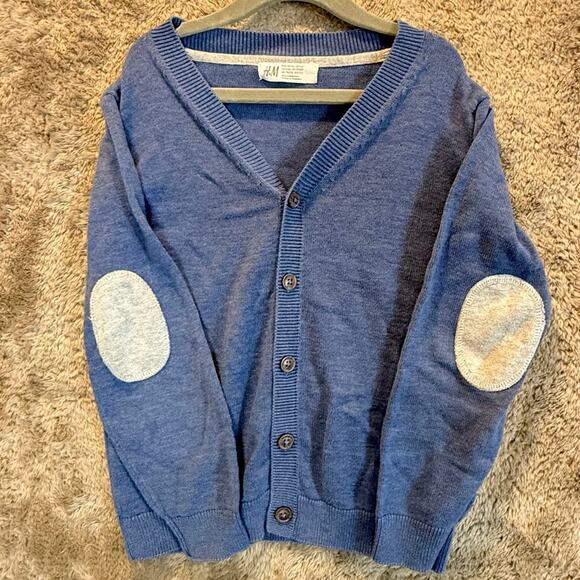 H&M Blue Cardigan Sweater Button Down Elbow Patches Boys 4T 5T 4 5 6 - Picture 1 of 7